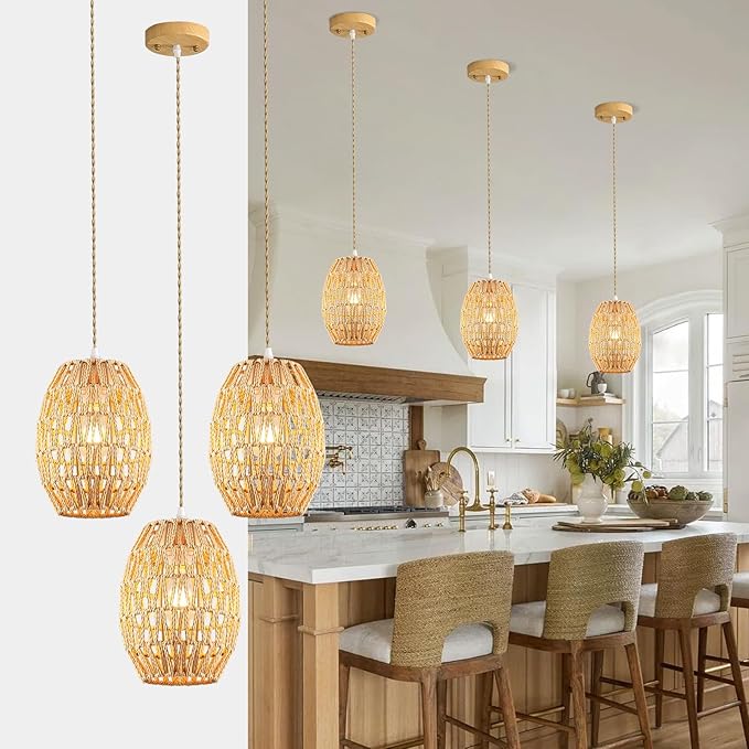 3-Light Rattan Pendant Light, Boho Chandelier Light Fixture, Small Wicker Light Fixture, Wicker Chandelier, for Bedroom Kitchen Island, ETL Listed