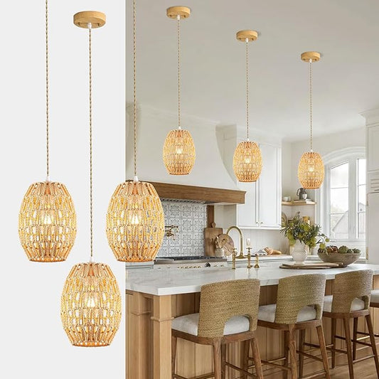 3-Light Rattan Pendant Light, Boho Chandelier Light Fixture, Small Wicker Light Fixture, Wicker Chandelier, for Bedroom Kitchen Island, ETL Listed