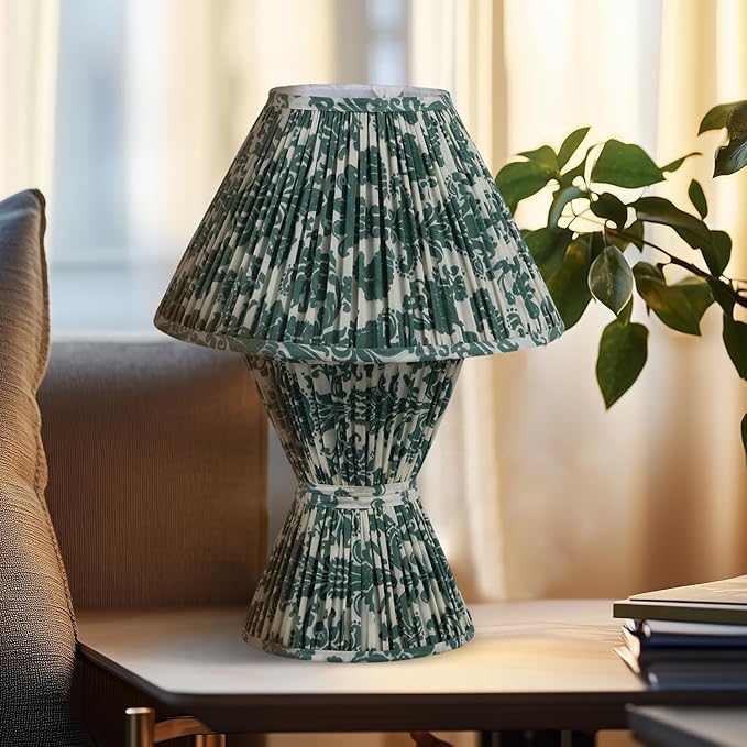 Handicrafts Home Handcrafted Cotton Fabric Table Lamp, 13x19” Modern Farmhouse Accent Table Lamp, Decorative Dome Bedside Nightstand Lamp for Bedroom Living Room, Small Sculptural Desk Light, Verde