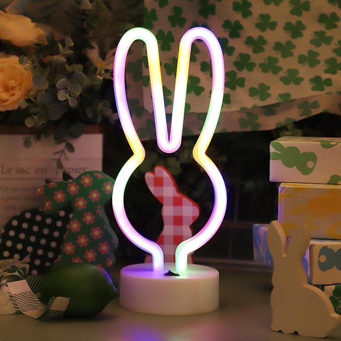 Bunny Shape LED Neon Signs, Colorful Rainbow Rabbit Neon Lights USB/Battery Powered Night Lights with Base, Cute Rabbit Head Neon Lamp for Easter Table Art Decoration (Colorful)