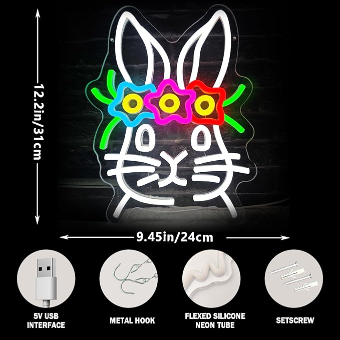 Easter Neon Sign for Wall Decor Easter Bunny Neon Sign Cute Rabbit Wearing Flower Neon Led Lights for Spring Bar Living Room Party Holiday Bedroom Gifts