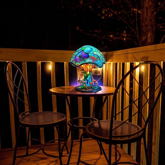 Mmoneyake Painting Mushroom Table Lamp, 5.9 Inch Hight Stained Plant Series Night Light, Bohemian Resin Mushroom Decorative Bedside Lamp for Bedroom Living Room Home Office Decor Gift