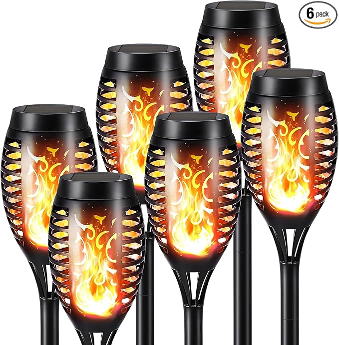 Solar Halloween Lights Outdoor, 6 Pack LED Torch Lights Flickering Flame, Waterproof Tiki Torches for Outside Landscape Decoration Lighting for Lawn, Yard, Halloween Decorations (Warm White-6 Pack)