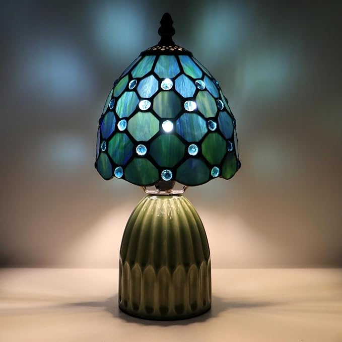 Tiffany Lamp Stained Glass Mushroom Table Lamps 6X6X12.5 Inch Sea Blue Pearl Style Small Night Light Ceramic Base Mini Accent Desk Light Suitable for Bedside Table Bedroom Children Room