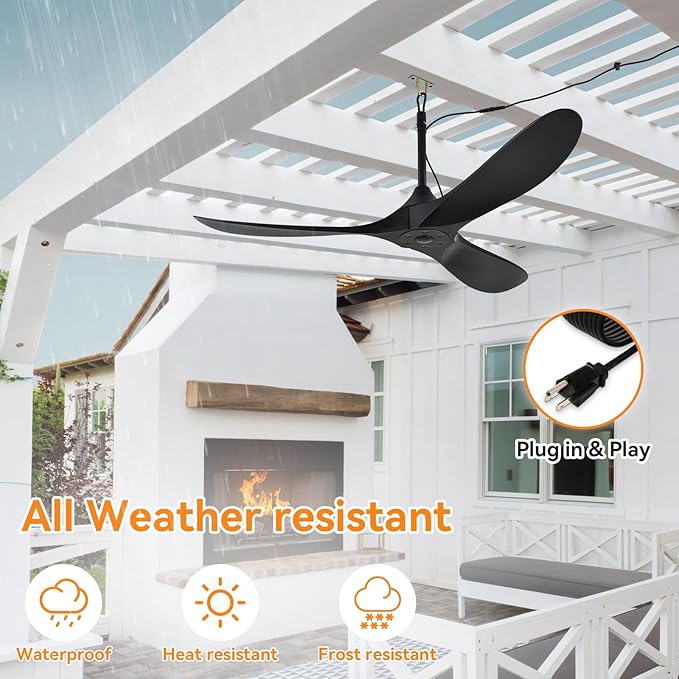 52 inch Outdoor Ceiling Fan no Light Waterproof - Plug in Hanging Hook for Patio, Porch, Gazebo - Wet Rated Weatherproof Exterior Black 3 Blades Ceiling Fan with Remote