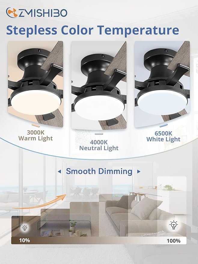 ZMISHIBO 60 Inch Ceiling Fan with Light, App&Remote Control, Flush Mount Low Profile, Dimmable 20W LED Light, Quiet Reversible Motor for Bedroom, Living Room, Apartment, Black
