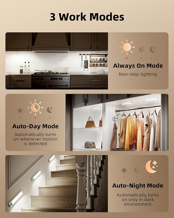 EZVALO 5-Pack Under Cabinet Lighting, 3200mAh Rechargeable Motion Sensor Light, 12inch Magnetic Closet Lights with Dimmable & 3 Color Temps, Wireless Motion Activated Lights with Remote for Kitchen