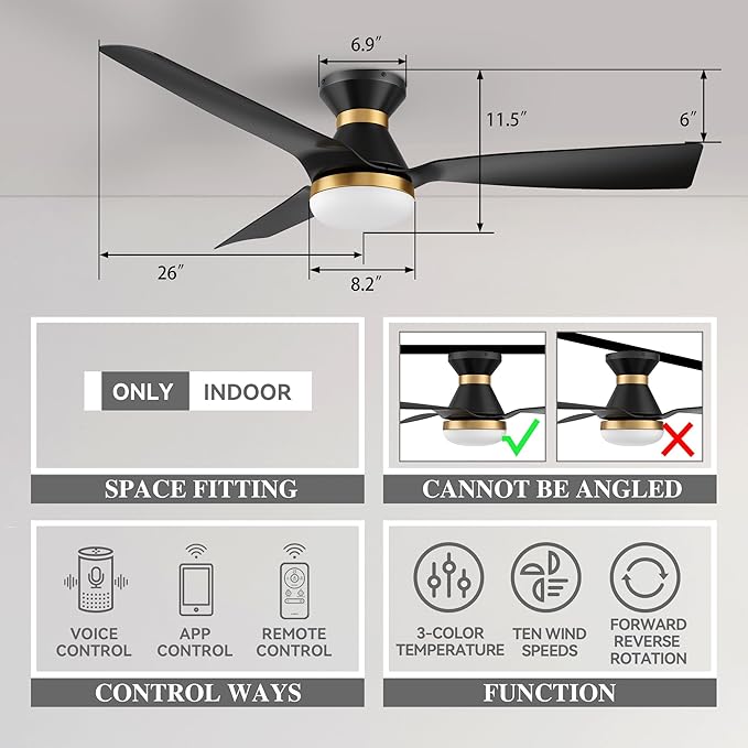 SMAAIR 52 Inch Smart Ceiling Fan with Lights and 10-speed DC Motor, Works with Remote Control/Alexa/Google Home/Siri, Dimmable LED Light (52 Inch, Matte Black/Gold)