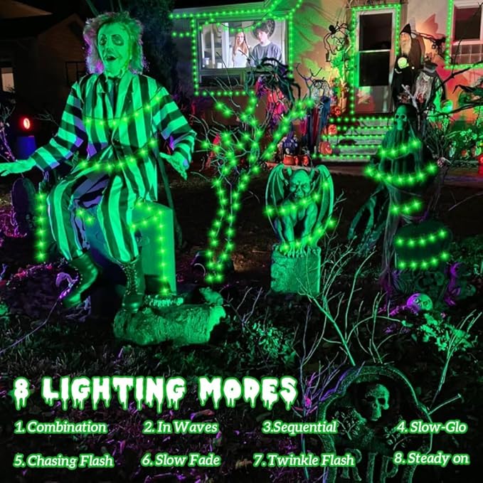 QITONG 4 Pack Green Solar Christmas Lights, Each 33ft 100 LED Christmas Fairy Lights Outdoor Waterproof, 8 Modes Silver Wire String Lights
