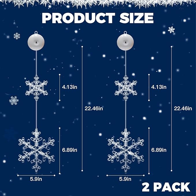 suddus Christmas Window Lights Decorations, 2Pcs Battery Operated Snowflake Lights with Suction Cup, Timer & 2modes Hanging Christmas Light for Tree, Indoor, Holiday, Fireplace, Wall, Cool White