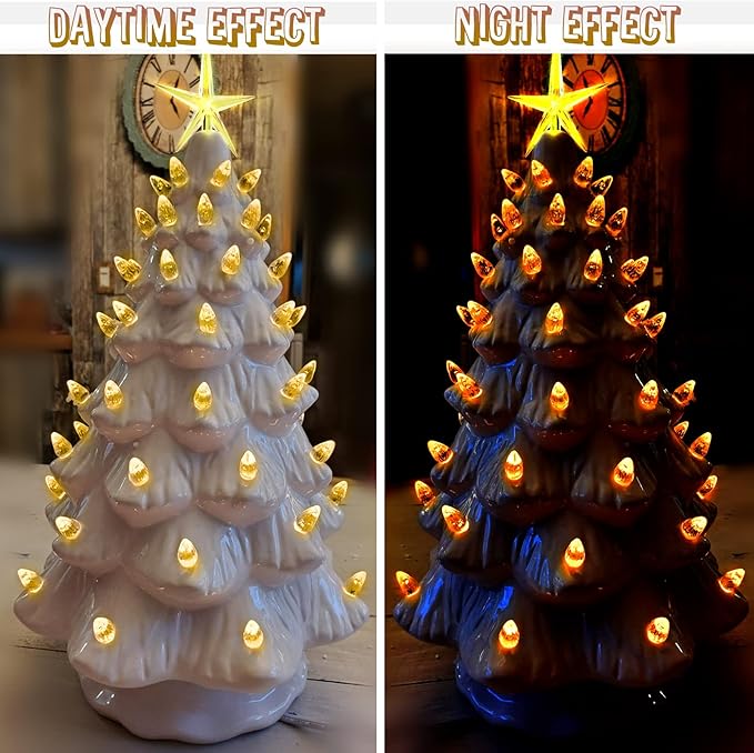 Ceramic Christmas Tree Replacement Lights Bulbs, Golden Yellow Medium Twist Plastics Pegs Ornaments for Ceramic Tree(87 Bulbs＆ 3 Topper Star)