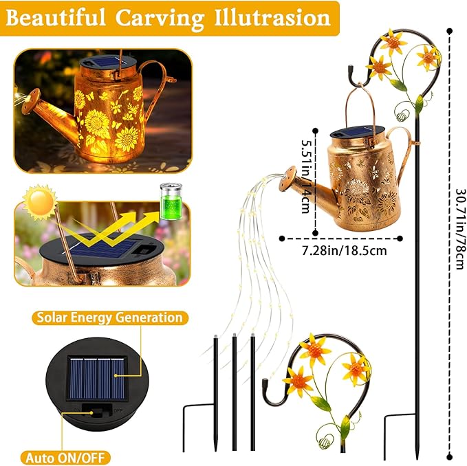 ANGMLN 2 Pack Solar Lights Outdoor Waterproof, Sunflower Solar Watering Can Lights with Shepherd Hook, Birthday Gifts for Mom Grandma Women, Metal Hanging Lantern Garden Decor Yard Outside Patio