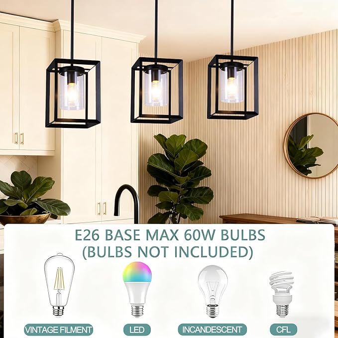 COTULIN 3 Pack Black Pendant Lights for Kitchen Island, Farmhouse 1-Light Iron Cage Metal Hanging Light with Clear Glass Shade, Industrial Lighting Fixtures for Living Room Bedroom Hallway Foyer
