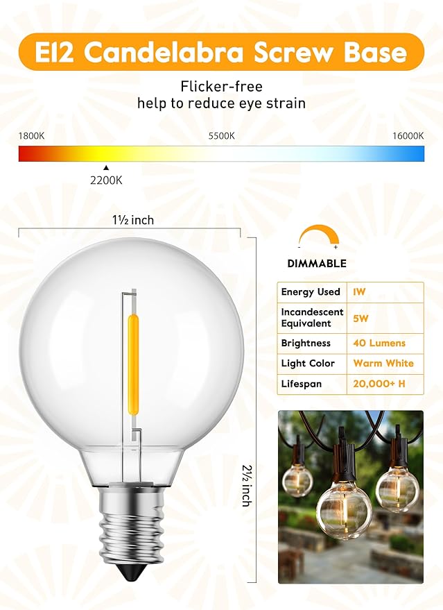 G40 Led Replacement Light Bulbs 1W Shatterproof Globe Bulb fits E12 Candelabra Screw Base, 1.5 Inch Dimmable Light Bulbs for Indoor Outdoor String Lights, Patio Cafe Decor, Warm White, 25 Pack