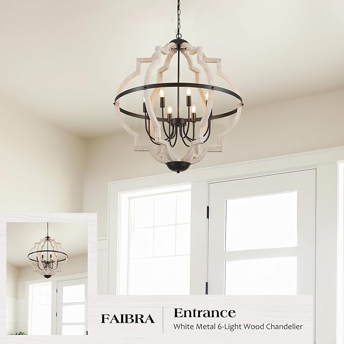 8-Light Wood Pendant Light,31.96'' Vintage Rustic White Wood Chandeliers,Retro Industrial Hanging Light Fixtures for Dining Room Entryway, Bedroom