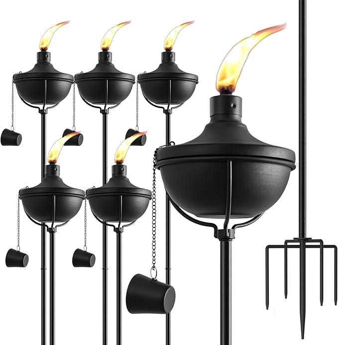 Home Garden Torch Set of 6, Outdoor Metal Torches with 5-Prong Grounded Stake, 56-Inch Adjustable Citronella Torch, 23.5 oz Metal Light Torches for Patio, Pathway, Party (Ultra-Stable Design)