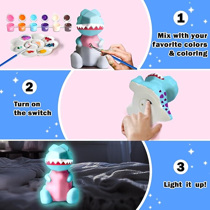 FUNZBO 4.3in Paint Your Own Dinosaur Lamp Kit - Easter Basket Stuffers, Arts and Crafts Supplies Painting for Kids Teens, DIY Night Light Dinosaur Toy for Boy Girl 3 4 5 6 7 8 9 10 11 12 Birthday Gift