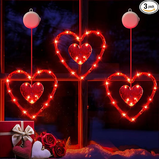 3 Pack Valentines Day Window Lights Decorations with Timer, Battery Powered Hanging Red Lighted Heart Shaped Silhouette Sucker LED Lamp for Fireplace Indoor Home Decor