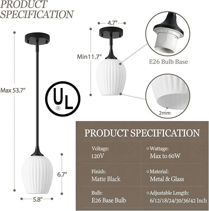 Black Pendant Lights Kitchen Island 2 Pack, 5.8" Modern Milk Glass Pendant Light Fixtures with Rods, Mini Hanging Lighting for Kitchen Island Sink Bathroom Dining Room, E26 Base