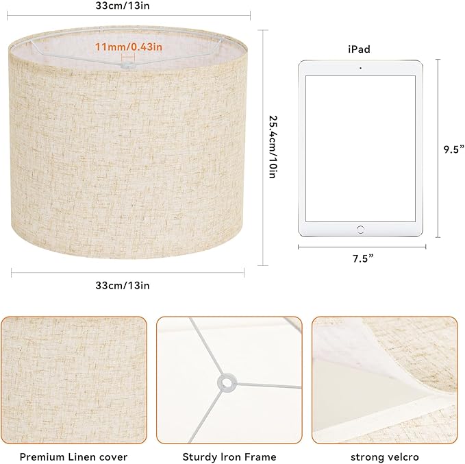 Beige Lamp shades Set of 2, Large Linen Drum Lampshades, 13" Top x 13" Bottom x 10" High Lamp Shade, Replacement Lampshades for Table and Floor Lamps, Pendant Light, Handcrafted, Easy Assembly