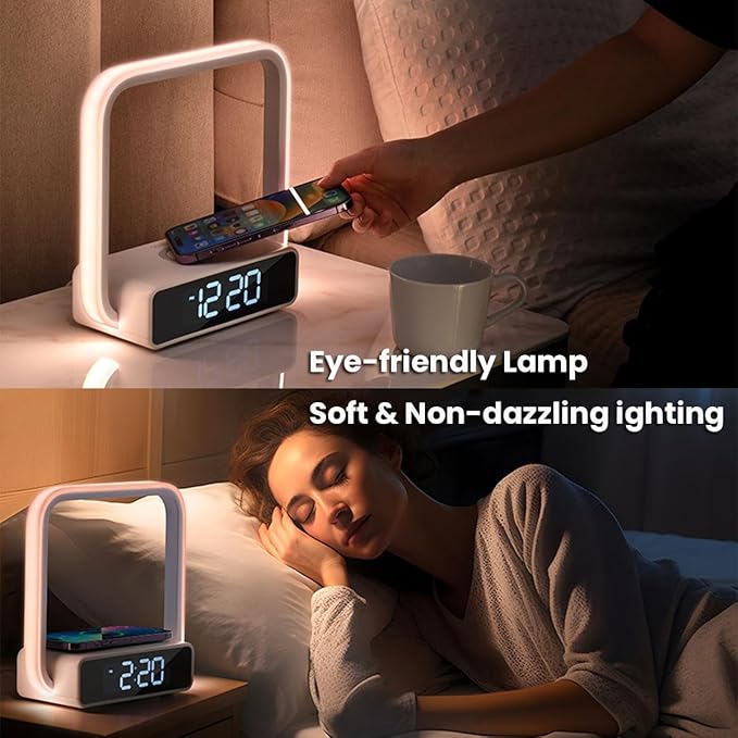 Digital Alarm Clock Wireless Charger, Dimmable Small Bedside Lamp with Alarm Clocks for Bedrooms Home Office Touch Control RGB Night Light Nightstand Lamp for Men Teen