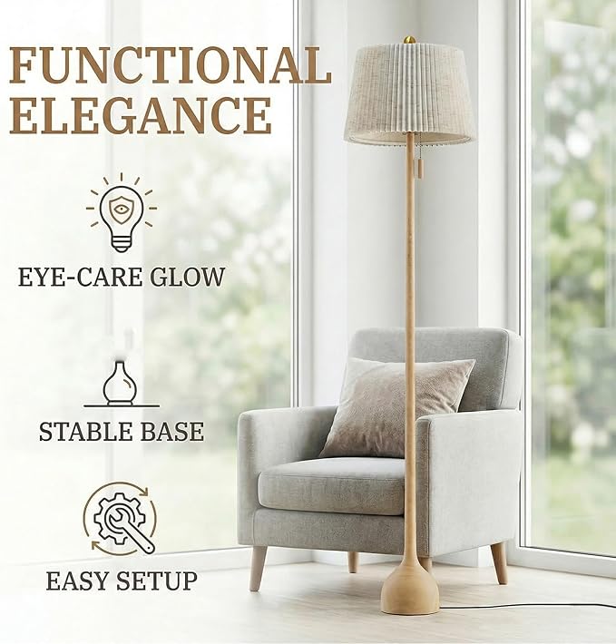 MOFFE 65" Mid Century Modern Vintage Real Wood Floor Lamp with 2 Shades for Two Looks, Sculptural Standing Lamp with Teardrop Base & Wooden Pull Chain for Living Room Bedroom Sofa Side (Bulb Included)