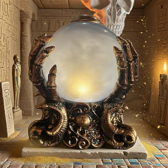 LED Lighted Animated Decor Halloween Crystal Ball with Fog,Skeleton Hand Holder Mystic Psychic Centerpiece Haunted House Gothic Decor for Home Party