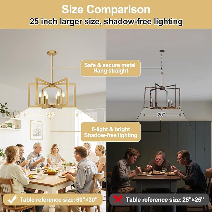 25" Modern Gold Chandelier for Dining Room, No Assembly Required Gold Dining Room Light Fixture Over Table, Industrial Metal Hanging Pendant Lights Fixture for Kitchen Island, Entryway, Foyer