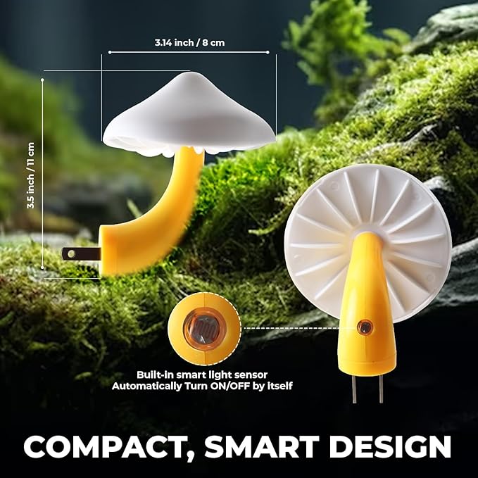 SATONA Mushroom Night Light, Night Light Plug in Wall Lamps for Bedroom with Auto Light Sensor, for Kids Room, Bathroom, Bedroom, Kitchen, Hallway and Stairs