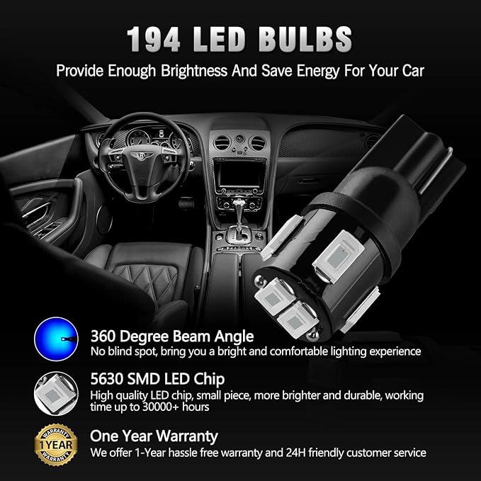 194 LED Bulbs Extremely Bright Ultra Blue 5630 Chipsets 168 2825 175 T10 W5W LED Replacement Bulbs for Car Interior Dome Map Door Courtesy Trunk License Plate Lights(Pack of 10)