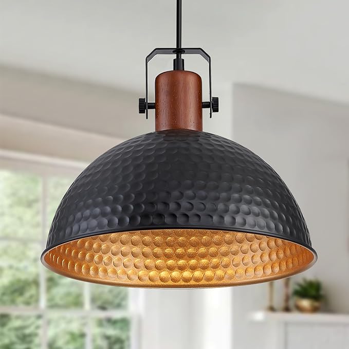 12 Inch Black Pendant Lights Hammered Matte Pendant Lights for Kitchen Island Industrial Farmhouse Adjustable Height Dome Hanging Light Fixtures for Barn, Dining Room 1 Pack