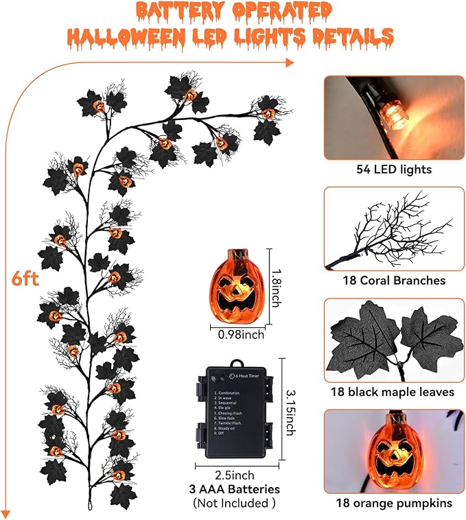 6 FT 54 LED Halloween Lights, 8 Modes & Timer Battery Operated Halloween Pumpkins Lights with Willow Vine Twig Garland, 3D Waterproof Decorations Lights for Home Indoor Wall Fireplace Mantle Party