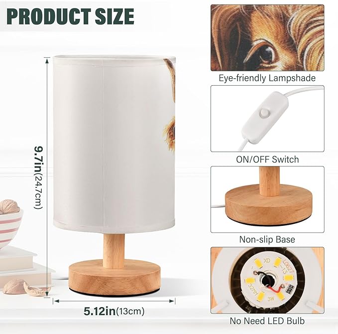 Bedside Table Lamp Cute Highland Cow Flowers Nightstand Lamp with Wood Desk Lamps for Bedroom Living Room Nursery Office Home Decor