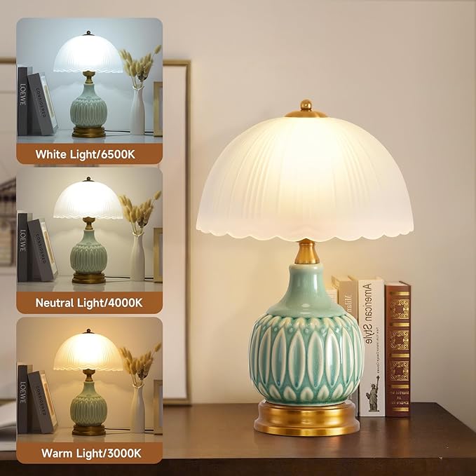 Vintage Lamp for Living Room,16" Modern Ceramic Table Lamps for Bedroom,Retro Bedside Nightstand Traditional Lamps, Classic Chinoiserie Green Lamp for Home Decor (French Country)