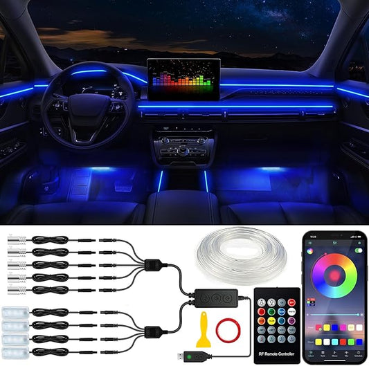 Car LED Lights, Interior Car Lights with Wireless APP/RF Remote/Button Control, Car Ambient Lighting Kit with 236" Integrated Molding Fiber Optic RGB Sync to Music (9 in 1-USB)