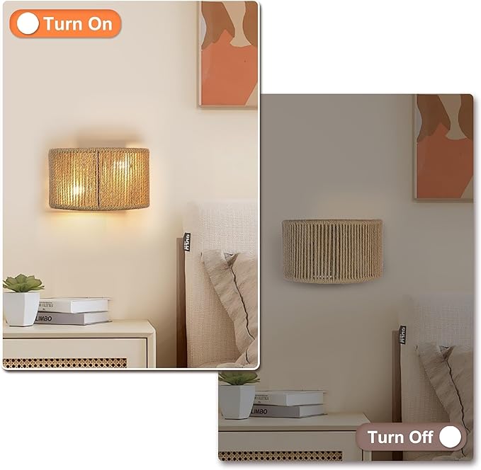 Rattan Wall Sconce Boho Wall Light Fixture Hand Woven Wall Mounted Lamp for Bedroom, Staircase, Aisle, Porch, Dia 9.7 Inch