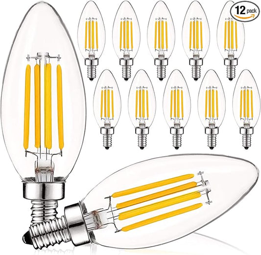 LUXRITE Vintage Candelabra LED Bulb, 60W Equivalent, 550 Lumens, 2700K Warm White, Dimmable, Clear Glass, Filament LED Candle Bulbs, UL Listed, E12 Base (12 Pack)