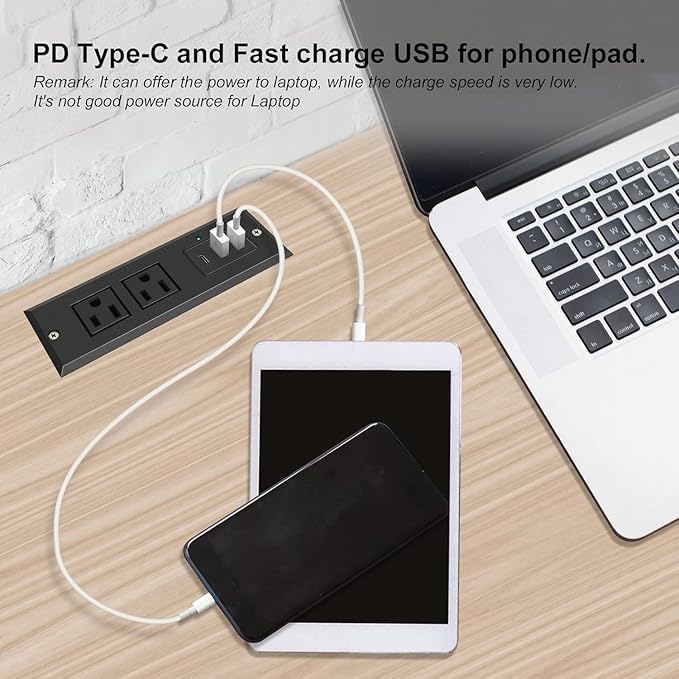 20W Recessed Power Strip USB C Fast Charge Desk Power Outlet Type C Flush Mounted Extension Power Plug for Conference Countertop Desktop Drawer Sofa ETL Listed 10ft Power Cord