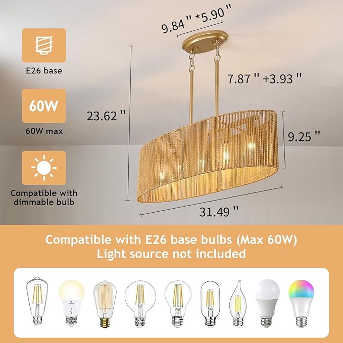 Dining Room Light Fixture 5 Light Rattan Kitchen Island Lighting with Adjustable Gold Boho Chandelier Farmhouse Hanging Pendant Light for Living Room Bar Restaurant