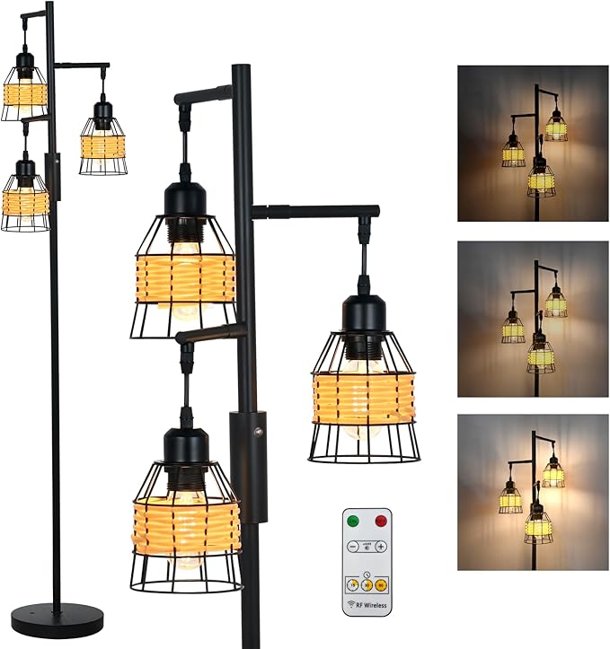 Rattan Boho Rechargeable Cordless Floor Lamp with Remote Dimmable 3 Bulb Edison E26 Brown Warm Light Vintage Standing Lamp for Bedroom,Outdoor,Living Room Rustic,Patio,Farmhouse,60.6" Black