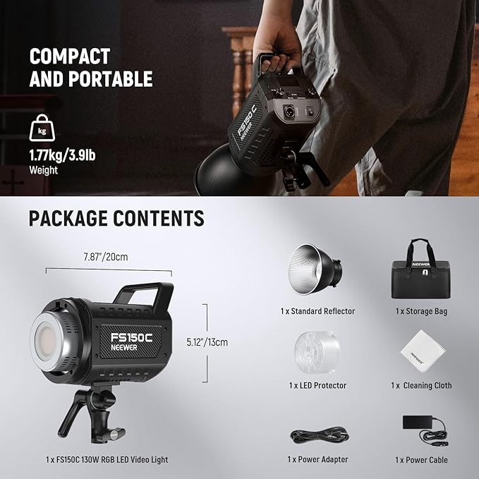 NEEWER 130W RGB LED Video Light APP/2.4G Control, COB Continuous Studio Key Lighting, 17 Effects 2500-7500K 19800lux CRI97 4 Dimming Curves, Bowens Spotlight for Video Recording Streaming, FS150C