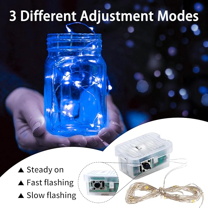 100 Pack Blue Fairy Lights 7Ft 20 LED Twinkle String Lights 3 Modes Battery Operated Waterproof Firefly Starry for Mason Jar Wedding Party 4th of July Christmas Day Table Centerpieces