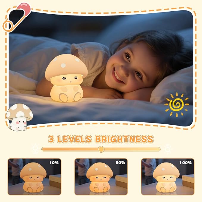 Mushroom Night Light, White Silicone Night Lamp, Touch Control with 30/60 min Dimmble, 3 Brightness Levels, 7 Color Changing, LED Night Lights, USB-C Rechargeable, Gifts for Girls Boys