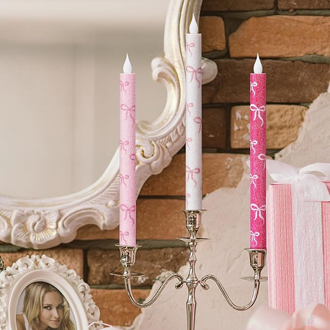 Honoson 6 Pcs Valentines Flameless Candles Glitter Bow Taper Candle 10.6 Inch Pink Coquette Candles Battery Operated LED Candlestick for Valentines Day Wedding Bridal Birthday Party Dinner Table Home