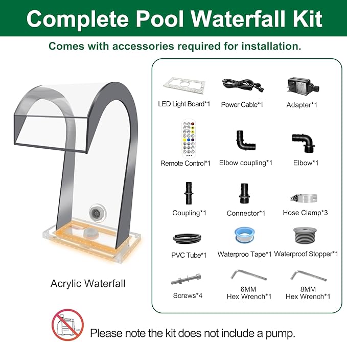 LONGRUN Waterfall Spillway Acrylic S-Shaped Pool Fountain with Color Changing LED Light, Pond Waterfalls Outdoor Water Spillway Fountains Kit for Garden Patio Swimming Pool Decoration-12.6" Height