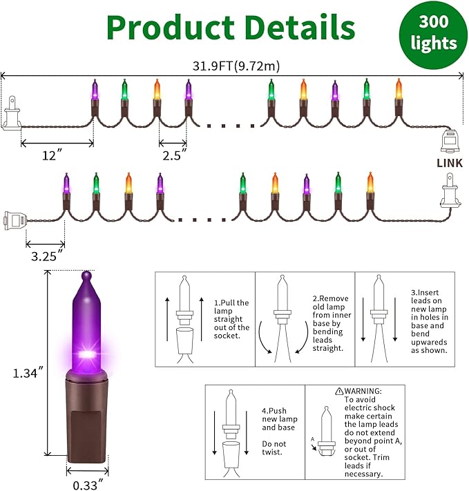 LAMPHOME Halloween String Lights - Orange Purple Green Mini Lights, 150count 31.9ft Halloween Lighting Decor for Outdoor&Indoor Use, Fairy Garden, Yard, Home, Party, Holiday Decoration