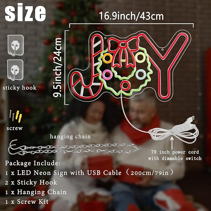 Christmas Neon Sign Christmas Joy Neon Light Signs Wreath Light Sign for Wall Decor Dimmable USB Powered LED xmas Candy Light Up Sign for Bedroom Living Room Holiday Parties Festival Bar Shop