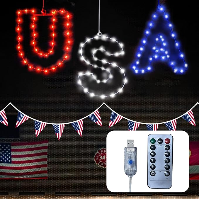 4th of July Window String Lights, USB Powered Twinkle Light for Independence Day Decorations, Memorial Day & Wedding Lights - Red White Blue Hanging Light with 68 LEDs for Trees & Home Decor