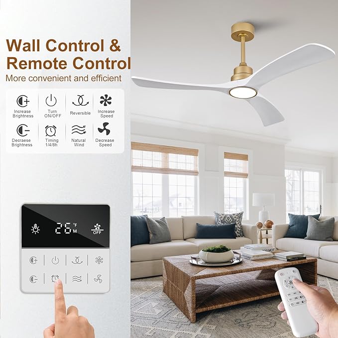 White Gold Ceiling Fans with Lights,52 inch Solid Wood Ceiling Fan with Remote Control,Wall Switch,Dimmable,Reversible,Power Off Memory Modern Ceiling Fan for Bedroom Patio Indoor/Outdoor Use