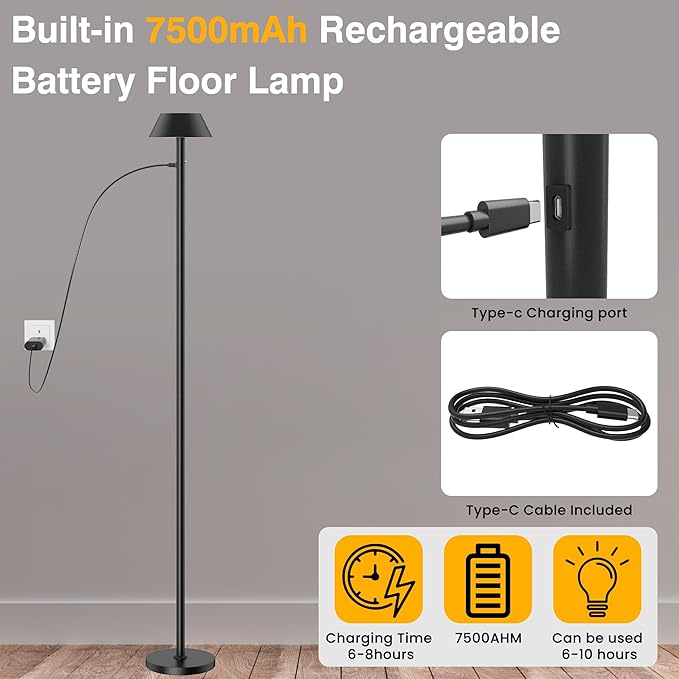 Portable Cordless Floor Lamp | Adjustable Height Reading Lamps Floor Standing | LED Bright Floor Lamp for Dark Rooms with 7500mAh Battery - IP54 Light